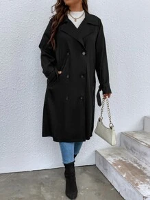 SHEIN LUNE Plus Lapel Neck Double Breasted Trench Coat - Black - View 3