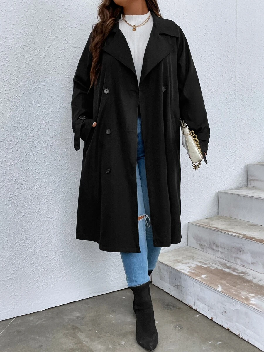 SHEIN LUNE Plus Lapel Neck Double Breasted Trench Coat - Black - View 1