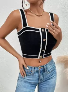 SHEIN Privé 拼接邊紐扣細節針織短上衣 - 黑色 - 查看 5
