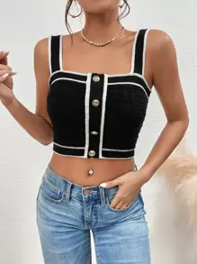 SHEIN Privé 拼接邊紐扣細節針織短上衣 - 黑色 - 查看 6