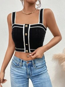 SHEIN Privé 拼接邊紐扣細節針織短上衣 - 黑色 - 查看 7