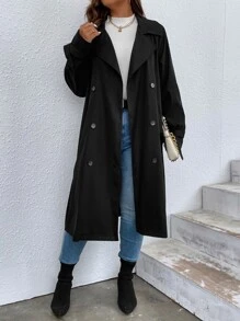 SHEIN LUNE Plus Lapel Neck Double Breasted Trench Coat - Black - View 6