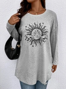 SHEIN LUNE Camiseta de hombros caídos con estampado de sol y luna - Gris - Ver 2