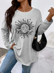 SHEIN LUNE Camiseta de hombros caídos con estampado de sol y luna - Gris - Ver 3