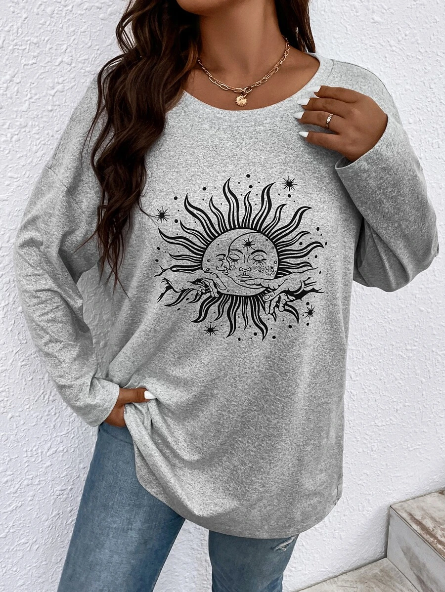 SHEIN LUNE Camiseta de hombros caídos con estampado de sol y luna - Gris - Ver 1