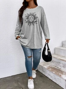 SHEIN LUNE Camiseta de hombros caídos con estampado de sol y luna - Gris - Ver 5