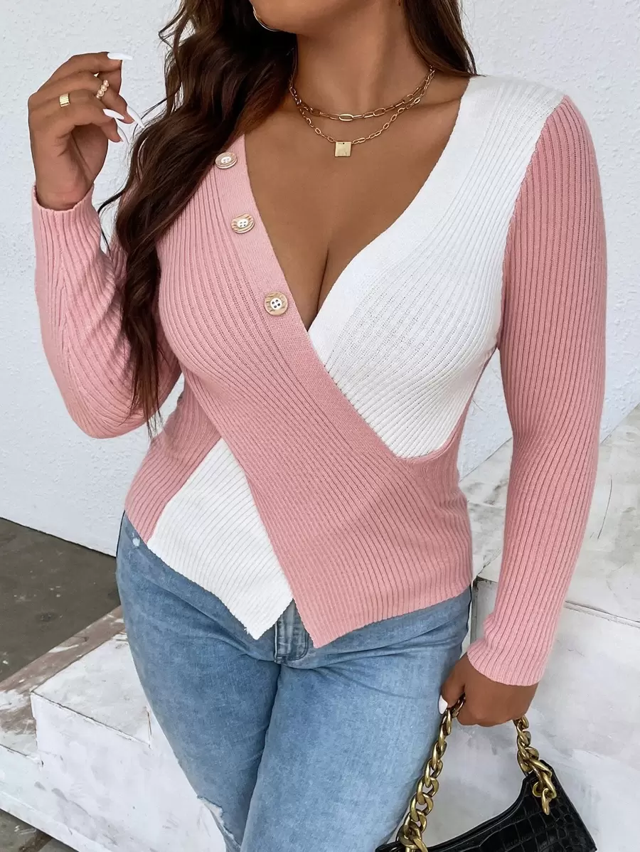 Celure 大碼撞色交叉圍裹套頭毛衣 - 藕粉色 - 查看 1