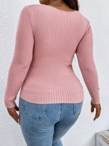 Celure 大碼撞色交叉圍裹套頭毛衣 - 藕粉色 - 查看 2