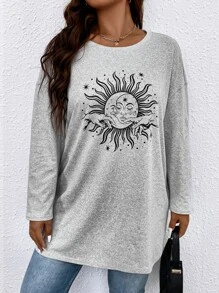 SHEIN LUNE Camiseta de hombros caídos con estampado de sol y luna - Gris - Ver 7