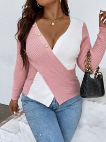 Celure 大碼撞色交叉圍裹套頭毛衣 - 藕粉色 - 查看 3