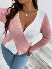 Celure 大碼撞色交叉圍裹套頭毛衣 - 藕粉色 - 查看 4