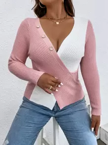 Celure 大碼撞色交叉圍裹套頭毛衣 - 藕粉色 - 查看 5