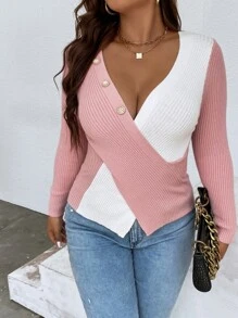 Celure 大碼撞色交叉圍裹套頭毛衣 - 藕粉色 - 查看 6