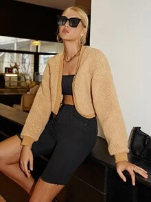 Sollinarry Cazadora teddy de hombros caídos unido en contraste - Caqui - Ver 4