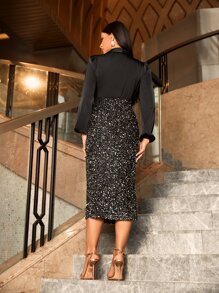 Modelyn Surplice Neck Lantern Sleeve Split Hem Sequins Dress - Black - View 2