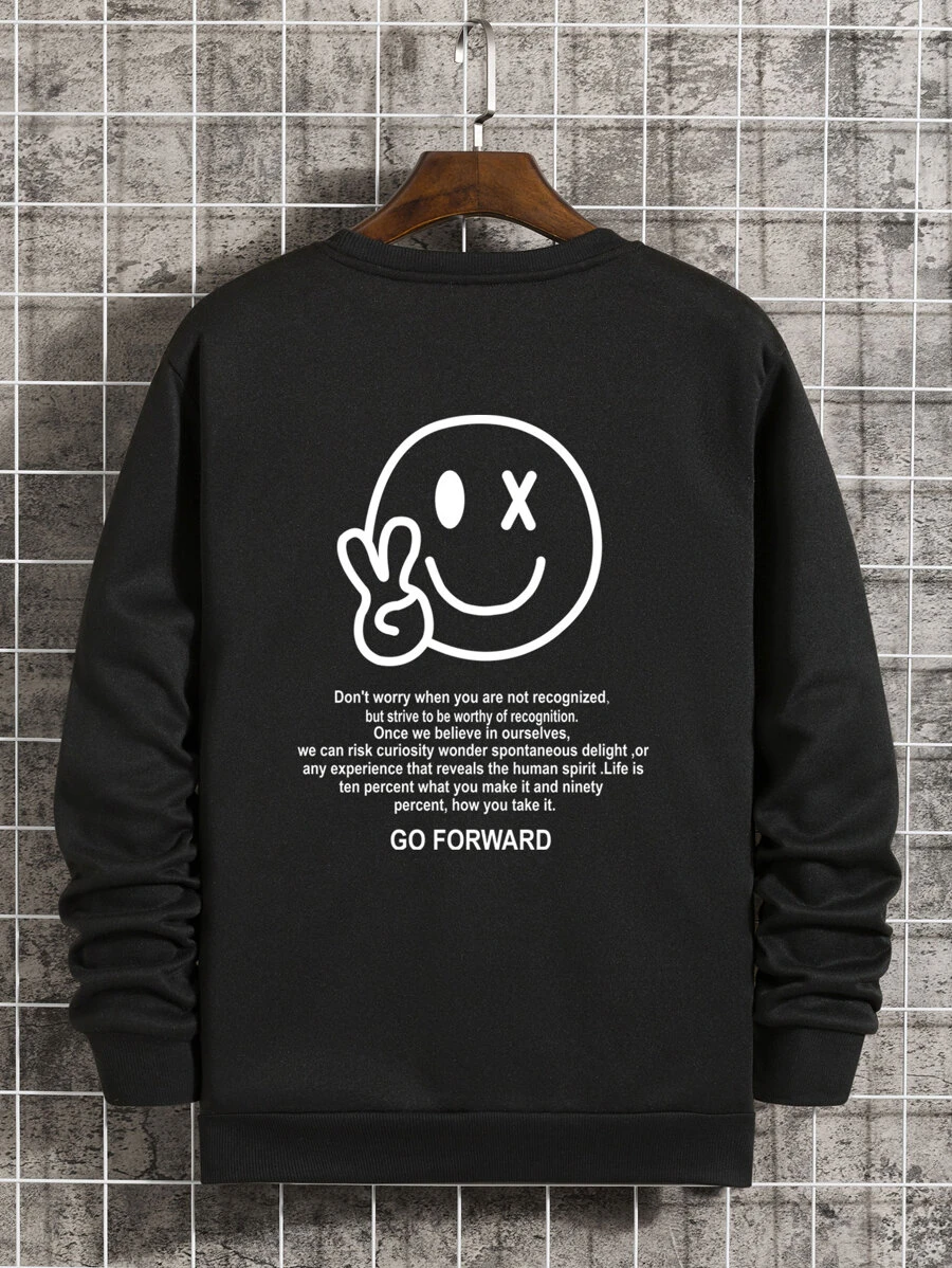 Men Slogan & Expression Print Thermal Lined Sweatshirt - Black - View 1