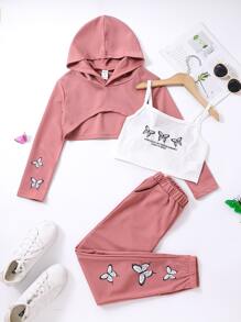 女孩標語圖案吊帶上衣和蝴蝶圖案連帽衫和運動褲 - 彩色 - 查看 1