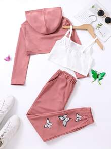 女孩標語圖案吊帶上衣和蝴蝶圖案連帽衫和運動褲 - 彩色 - 查看 2