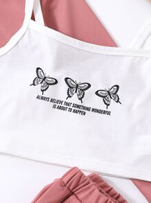 女孩標語圖案吊帶上衣和蝴蝶圖案連帽衫和運動褲 - 彩色 - 查看 4