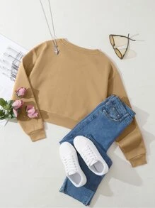 SHEIN EZwear Quần áo thể thao nữ màu trơn Giải trí - Màu Khaki - Xem 2