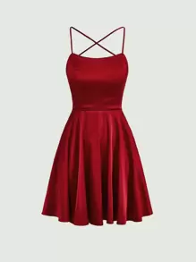 SHEIN MOD Crisscross Lace Up Backless Date Night Red Cami Dress,Backless - Red - View 1
