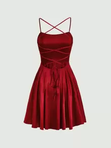 SHEIN MOD Crisscross Lace Up Backless Date Night Red Cami Dress,Backless - Red - View 6