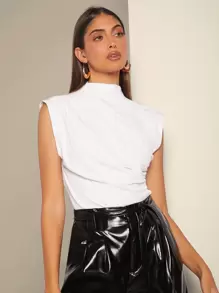 BizChic Vit, enfärgad, ärmlös topp med mandarinkrage och rynkad dammodell, mångsidig för pendling i stan, kontor, business casual, fest, bastopp - Vitt - Visa 4