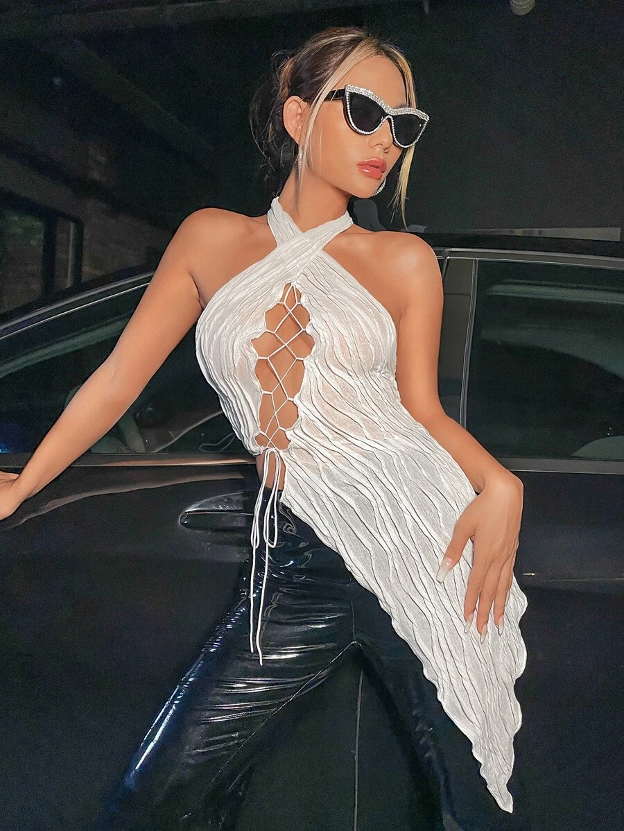 SHEIN ICON Lace Up Front Asymmetrical Hem Halter Top - Apricot - View 1