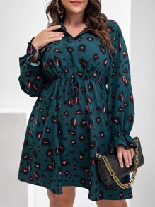 SHEIN LUNE Plus Allover Print Flounce Sleeve Shirt Dress - Teal Blue - View 1