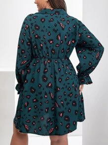 SHEIN LUNE Plus Allover Print Flounce Sleeve Shirt Dress - Teal Blue - View 2