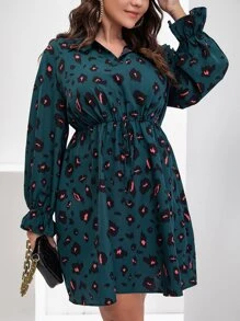SHEIN LUNE Plus Allover Print Flounce Sleeve Shirt Dress - Teal Blue - View 3