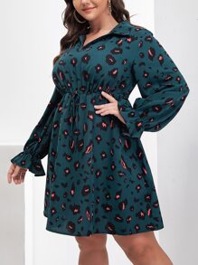 SHEIN LUNE Plus Allover Print Flounce Sleeve Shirt Dress - Teal Blue - View 4