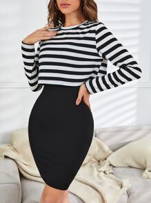 SHEIN Essnce Striped Tee & Bodycon Dress - Black and White - View 3