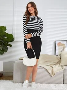 SHEIN Essnce Striped Tee & Bodycon Dress - Black and White - View 4