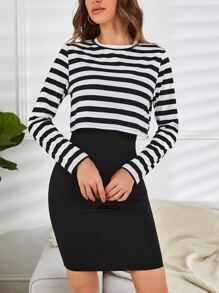 SHEIN Essnce Striped Tee & Bodycon Dress - Black and White - View 5