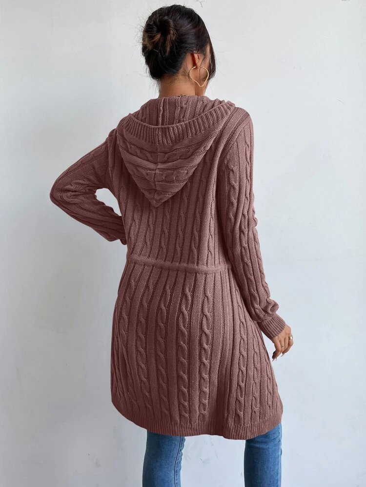 Cable Knit Drawstring Hooded Cardigan,Long Sleeve Tops Fall Winter Cloth For Women