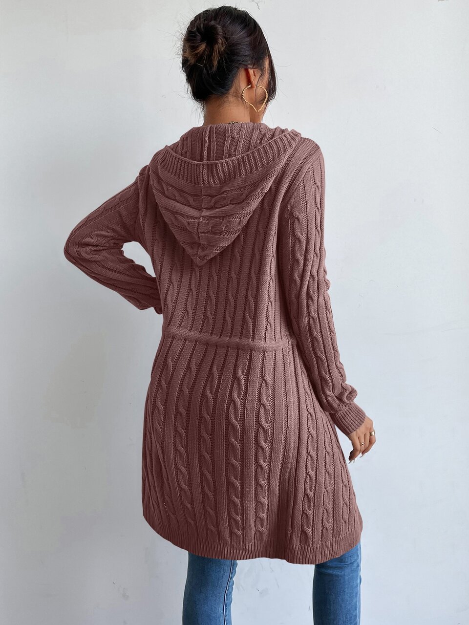 Cable Knit Drawstring Hooded Cardigan,Long Sleeve Tops Fall Winter Cloth For Women