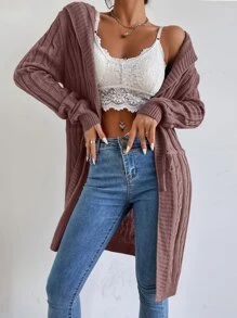 Chiquease 绞花针织抽绳连帽开衫、长袖上衣 - 紅木色 - 查看 7