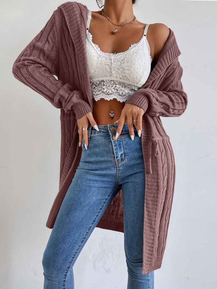 Cable Knit Drawstring Hooded Cardigan,Long Sleeve Tops Fall Winter Cloth For Women