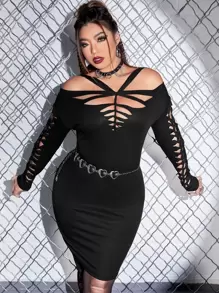 ROMWE PUNK Plus Ladder Cut Out Cold Shoulder Bodycon Dress Without Belt - Black - View 1
