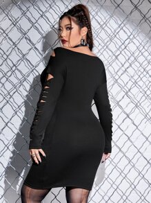 ROMWE PUNK Plus Ladder Cut Out Cold Shoulder Bodycon Dress Without Belt - Black - View 2