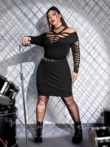ROMWE PUNK Plus Ladder Cut Out Cold Shoulder Bodycon Dress Without Belt - Black - View 3