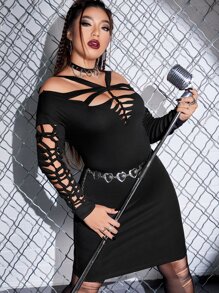 ROMWE PUNK Plus Ladder Cut Out Cold Shoulder Bodycon Dress Without Belt - Black - View 4