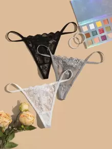 3packs Floral Lace Scallop Trim Thong Lingerie - Multicolor - View 1