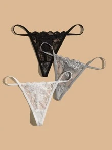 3packs Floral Lace Scallop Trim Thong Lingerie - Multicolor - View 4