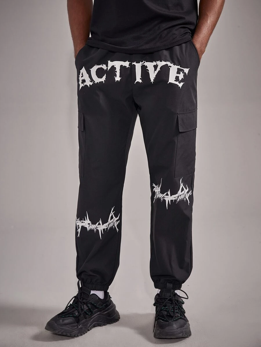 ROMWE MEN Guys Letter Graphic Cargo Pants - Black - View 1