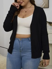 AAmilife Plus Solid Button Front Cardigan - Black - View 1