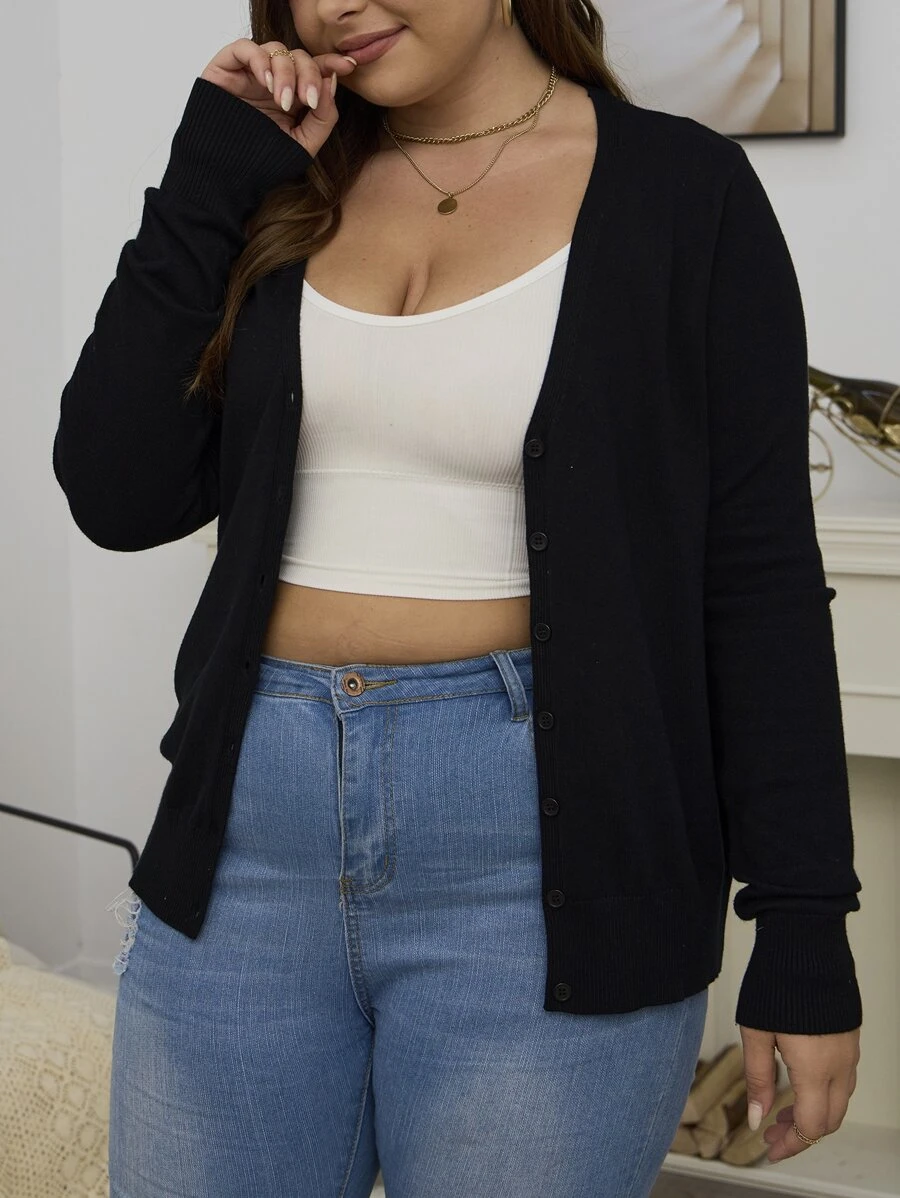 AAmilife Plus Solid Button Front Cardigan - Black - View 1