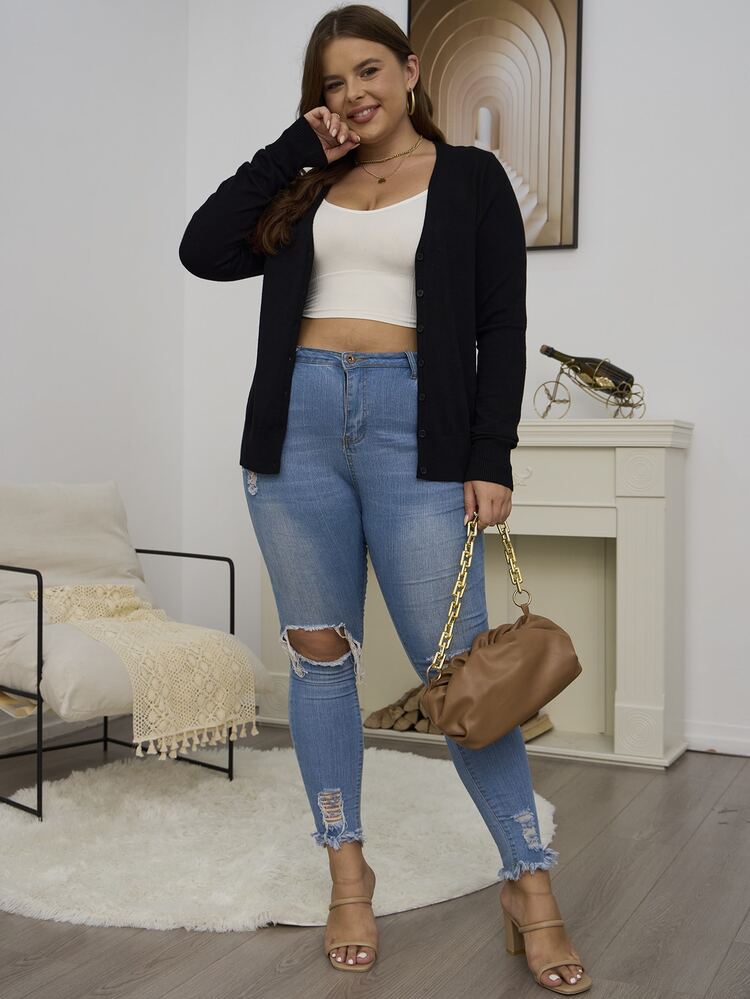 AAmilife Plus Solid Button Front Cardigan - Black - View 5