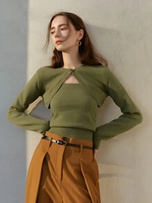 Áo len nữ Nút phía trước màu trơn Thanh lịch - xanh quân đội - Xem 1